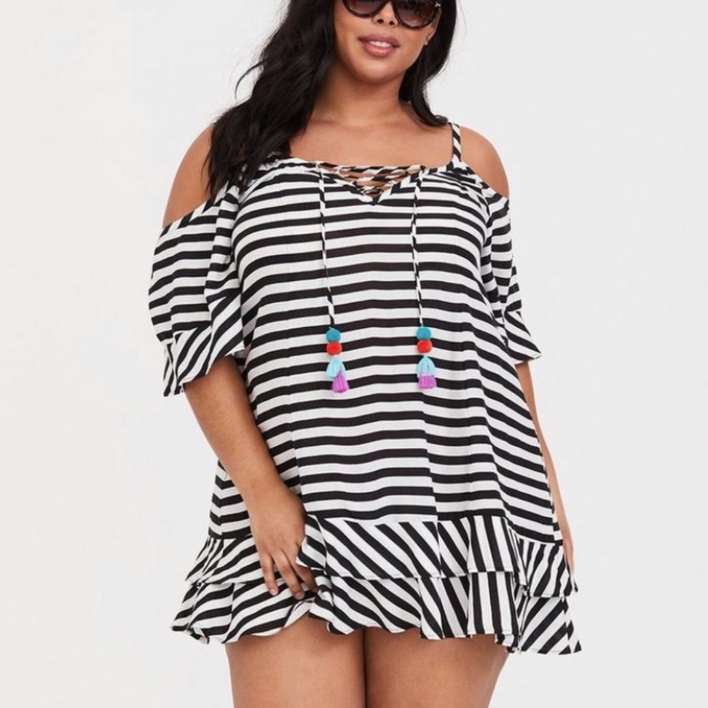 Torrid - Mini Crepe Cold Shoulder Black White Stripe Cover Up Dress - 1X